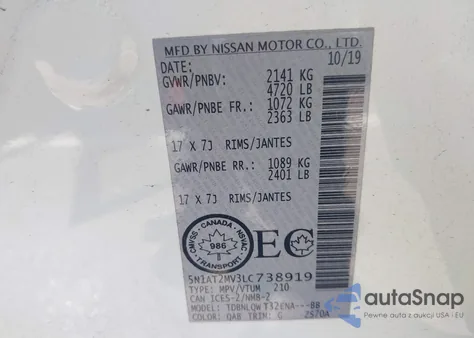 2020 Nissan Rogue S Intelligent Awd/Sl Intelligent Awd/Sv Intelligent Awd из США, поврежденный, VIN 5N1AT2MV3LC738919